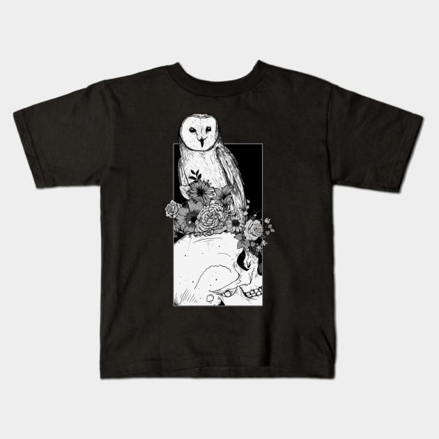 Owl flowers and Skull Kids T-Shirt by Jess Adams